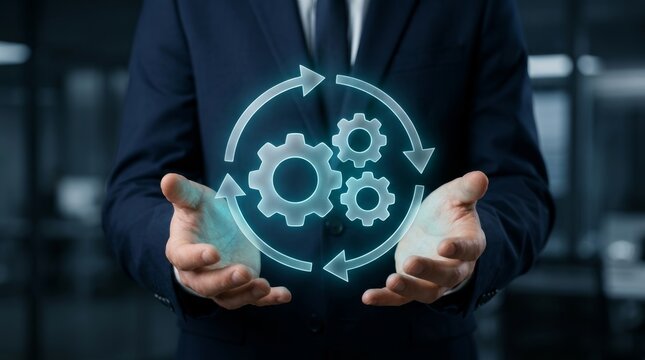 Operational transformation concept featuring interlocking gears and arrows held by businessperson hands.