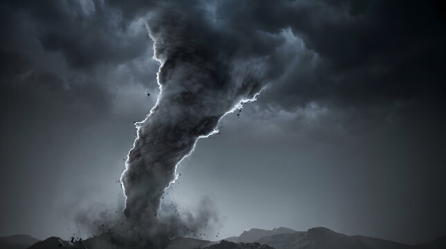 A powerful and destructive tornado swirling under a dark and ominous storm cloud.