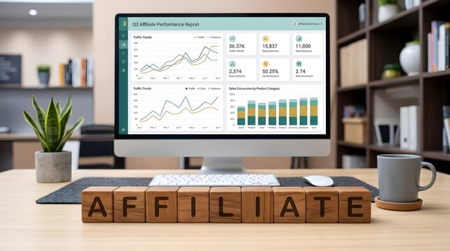 Workplace Setup Featuring Computer Monitor Displaying Online Revenue Performance Analytics and Affiliate Marketing Strategy Cubes
