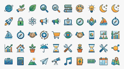 Fototapeta premium Modern Colorful Flat Icons Set Featuring 60 Unique Illustrations of Business Technology Travel Nature and Lifestyle Concepts