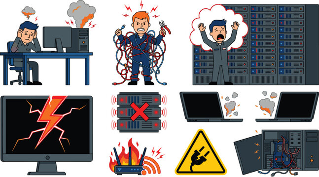 IT support error and network breakdown concept scenes featuring stressed technician tangled cables broken server smoking computers and data crash isolated on white background