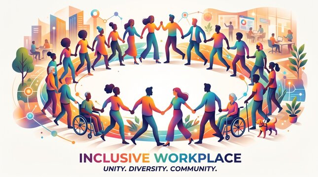 Corporate Diversity and Community Illustration Featuring Colorful Silhouettes Cooperating Together