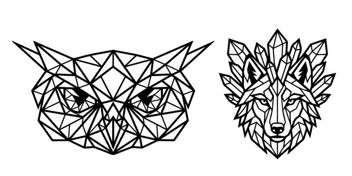 Geometric line art illustration featuring a stylized owl head and a wolf head on a white background