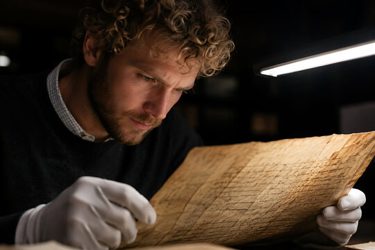 Historian wearing white gloves carefully examining an ancient handwritten manuscript under a bright desk lamp in a dimly lit archive room