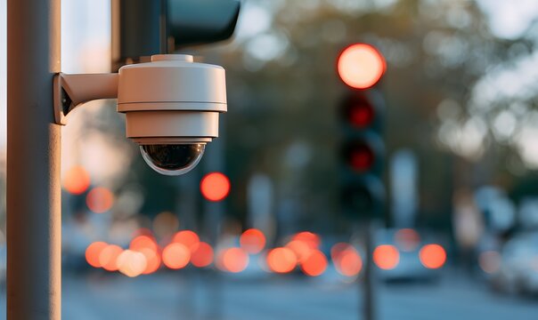 A modern surveillance camera mounted near an intersection