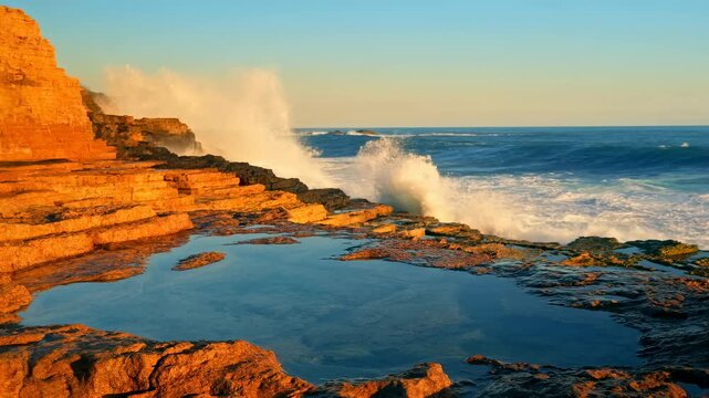 Sunlit sandstone cliffs and tidal pools with breaking ocean surf at sunrise, layered rock platform, reflective water, rugged shoreline, warm dawn light and wide coastal panorama