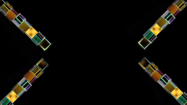 crystal cube prisms arranged in towers, creating colorful light refraction effects