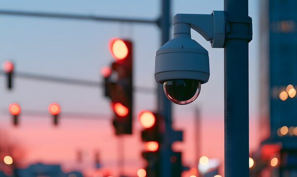 A modern surveillance camera mounted near an intersection