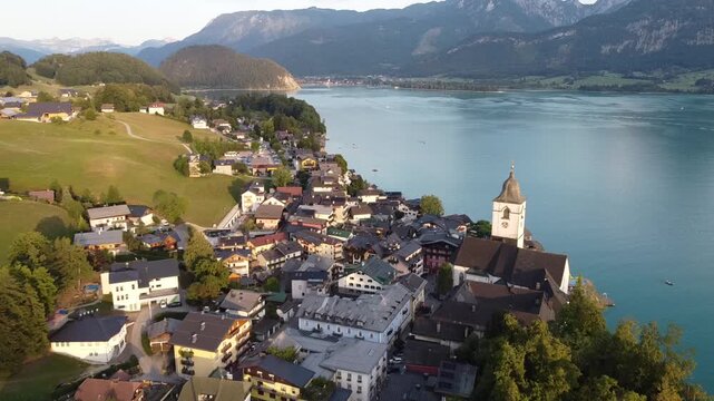 Aerial View of St. Wolfgang on Lake Wolfgangsee in Upper Austria, Salzkammergut Region 4k