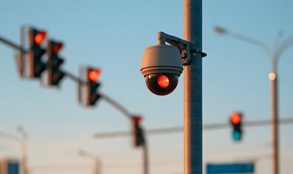 A modern surveillance camera mounted near an intersection