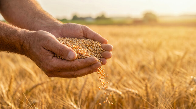 Farmer holding a handful of golden wheat grains in a sunny field at harvest time.