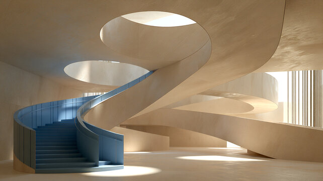 Modern spiral staircase in a luxury building. Architectural interior with curved design.