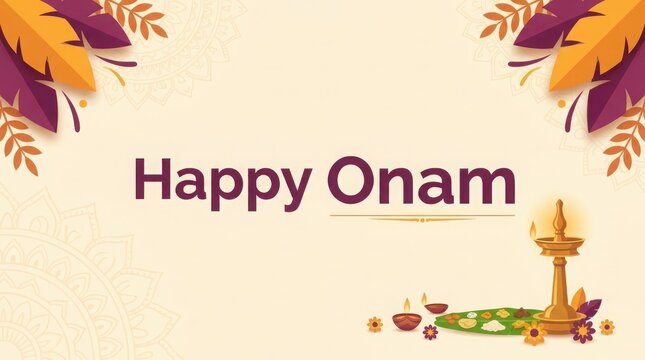 Colorful onam festival greeting with traditional meal served on banana leaf plus golden lamp and floral mandala frame.