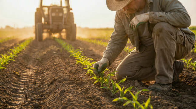 Farmer checking young corn sprouts in a field with a tractor in the background at sunset.