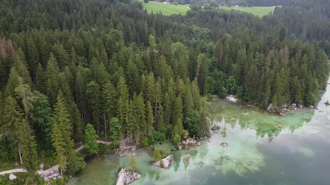 aerial view of the Scenic Landscape View over Hintersee in Ramsau, Berchtesgadener Land, Bavaria, Germany