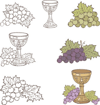 Set of vintage wine goblets, grape clusters and vine leaves hand drawn vector illustrations. Elegant collection inspired by historical and Christian traditions, perfect for church celebrations, winery