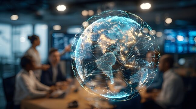 Futuristic Digital Hologram of Global Network Earth Globe in Modern Business Office Environment