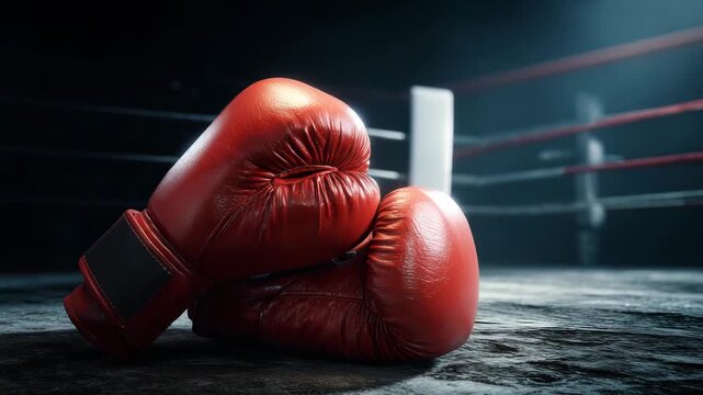 Red boxing gloves rest on the floor in an arena with a boxing ring and bright lights overhead creating contrast
