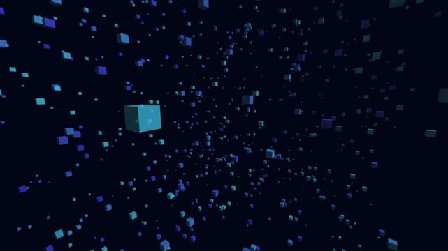 Abstract blue 3D cubes floating in deep dark space digital network animation