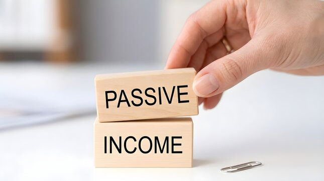 Passive income concept with wooden blocks stacked by hand showing financial freedom and investment growth strategy