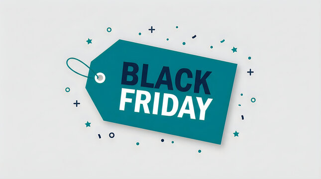 A teal price tag illustration featuring bold black friday text surrounded by small festive confetti elements isolated on a clean light gray background for sales