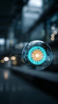A glowing digital interface with concentric circles and intricate patterns in a modern technological setting. This image represents futuristic innovation and advanced cyber technology
