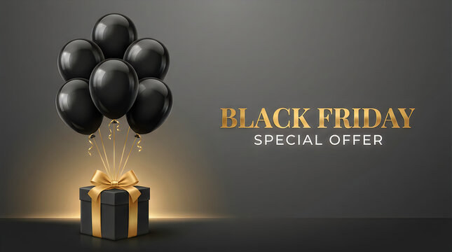 A festive black friday special offer background featuring a black gift box with golden ribbons and a bunch of floating black balloons on dark surface