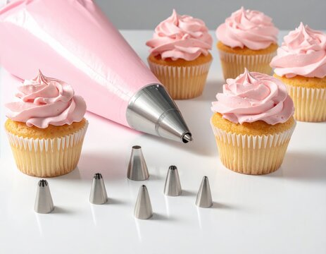 Pink icing bag with assorted tips sits near frosted cupcakes