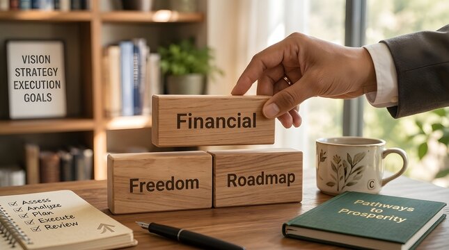Businessman Building a Financial Freedom Roadmap with Wooden Blocks for Wealth and Success Planning