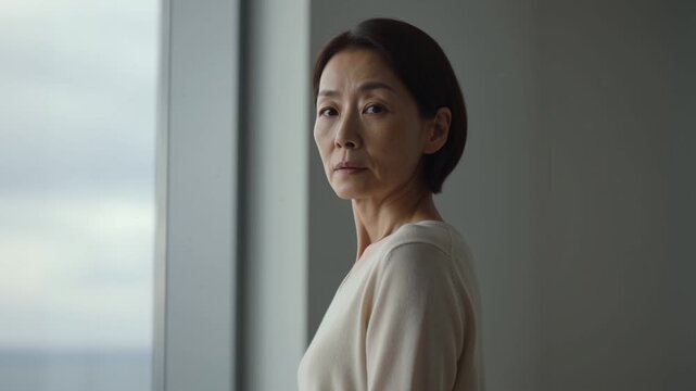 A woman looks out of a window, her face showing various expressions as she contemplates. Close-ups focus on her face and eye