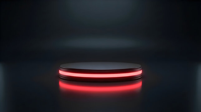 Minimalist empty product display podium with glowing red neon lights on a dark background perfect for showcasing luxury items during a black friday sale event