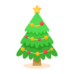 Fototapeta premium Decorated Christmas Tree. New Year Colorful Illustration. Winter Festive Fir Tree with Lights, Star. Vector Xmas Decoration element for banner, greeting card, invitation, etc.
