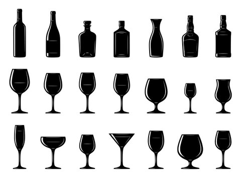 Black silhouette alcohol bottle and glassware collection, 21 vector icons of wine glasses and liquor bottles, bar menu beverage symbols