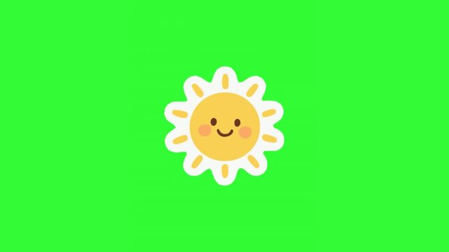 Animated cute smiling sun character perfect for weather forecasts, children's videos, educational content, and cheerful summer motion graphics.
