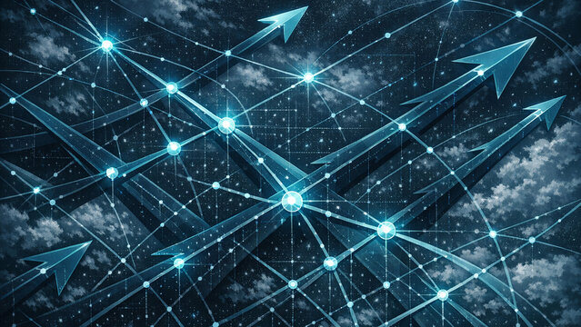 Abstract digital artwork depicting a complex, interconnected network in deep blue shades with bright white arrows suggesting cyclic movement or interaction.