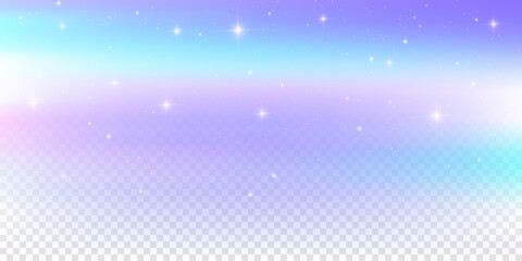 Fototapeta premium Rainbow unicorn background with pastel pink dreamy gradient. Cute dreamy holographic color gradation and stars. Holographic watercolor soft transparent bg
