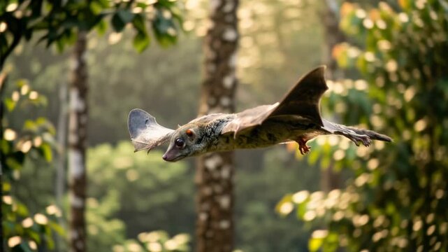 flying lemur gliding through borneo rainforest morning light video