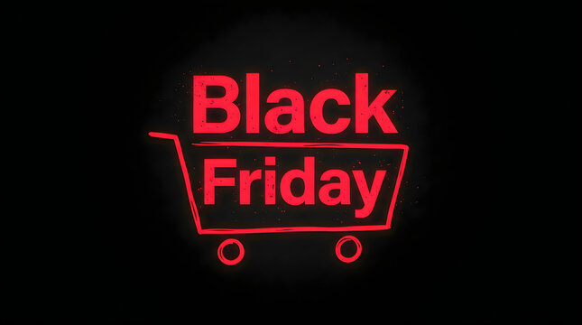 A vibrant red neon sign featuring a shopping cart icon and the text black friday isolated on a dark background for retail sales promotion marketing