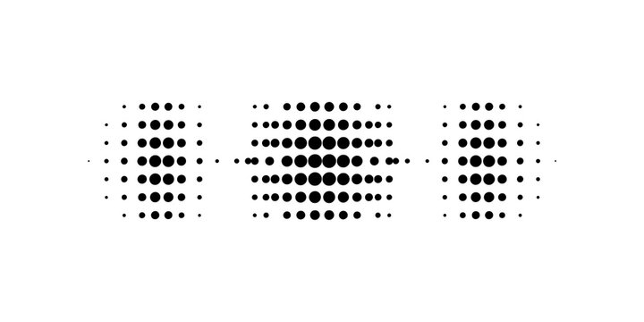Abstract halftone dot pattern graphic elements in horizontal arrangement with halftone gradient abstract monochrome background circular minimalist
