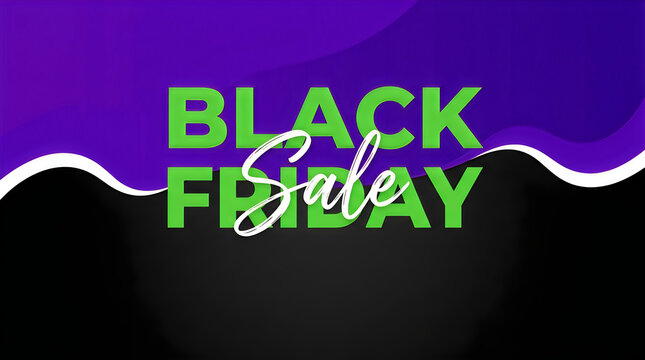 A vibrant digital graphic design featuring bold green typography for a black friday sale event set against a modern abstract purple and black background backdrop