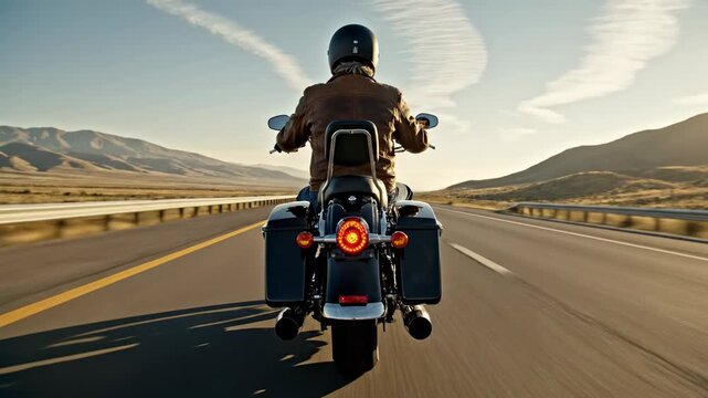 A male motorcyclist wearing a leather jacket and protective helmet cruises along a scenic open highway during the golden sunset to enjoy his adventurous journey across the vast desert landscape