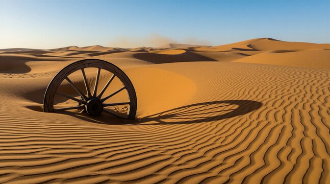 Old wooden wheel rests in orange sand dunes of vast desert landscape. Weathered relic lies under clear blue sky on ripples of dry ground. Sunny day creates long shadows on arid terrain during travel