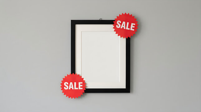 A minimalist black frame mockup with red sale stickers isolated on a grey background perfect for advertising your black friday promotional offers and marketing campaigns