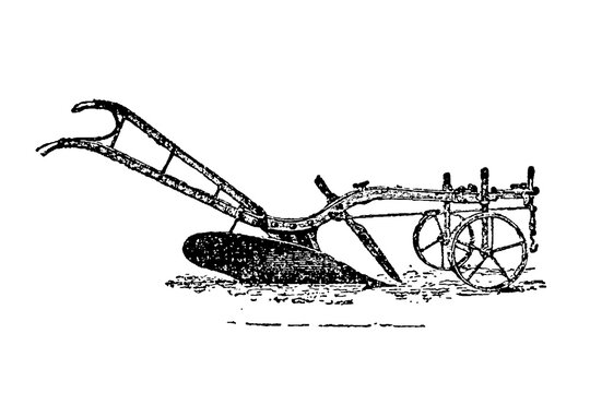 Walking plow with metal blades and wooden handles, old vintage illustration, 1897.