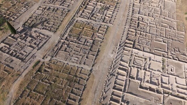 High-angle drone view of the ancient Roman street network at the UNESCO World Heritage-listed Volubilis Archaeological Site in Morocco, revealing the preserved urban layout and residential quarters.
