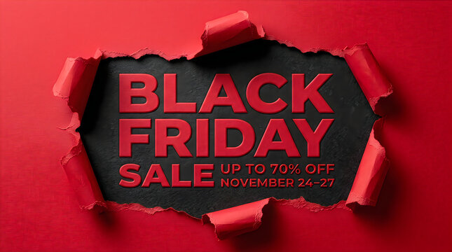 A bold black friday sale promotional banner featuring red paper ripped to reveal a dark background with stylish typography perfect for retail marketing and advertising