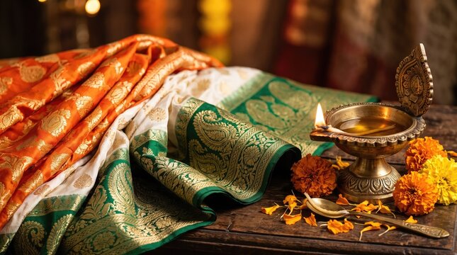 traditional indian saree fabric with brass oil lamp diya and marigold flowers festival celebration concept