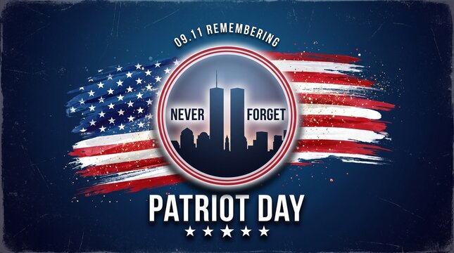 Patriot Day Background, September 11, United States flag, 911 memorial and Never Forget lettering, Vector conceptual illustration