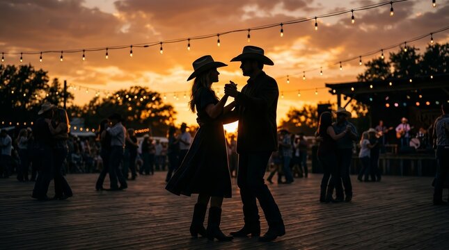 Western couple dancing in silhouette against a sunset sky with festive lights.