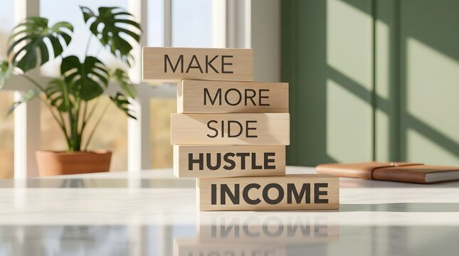 Make more side hustle income concept on stacked wooden blocks on an office desk